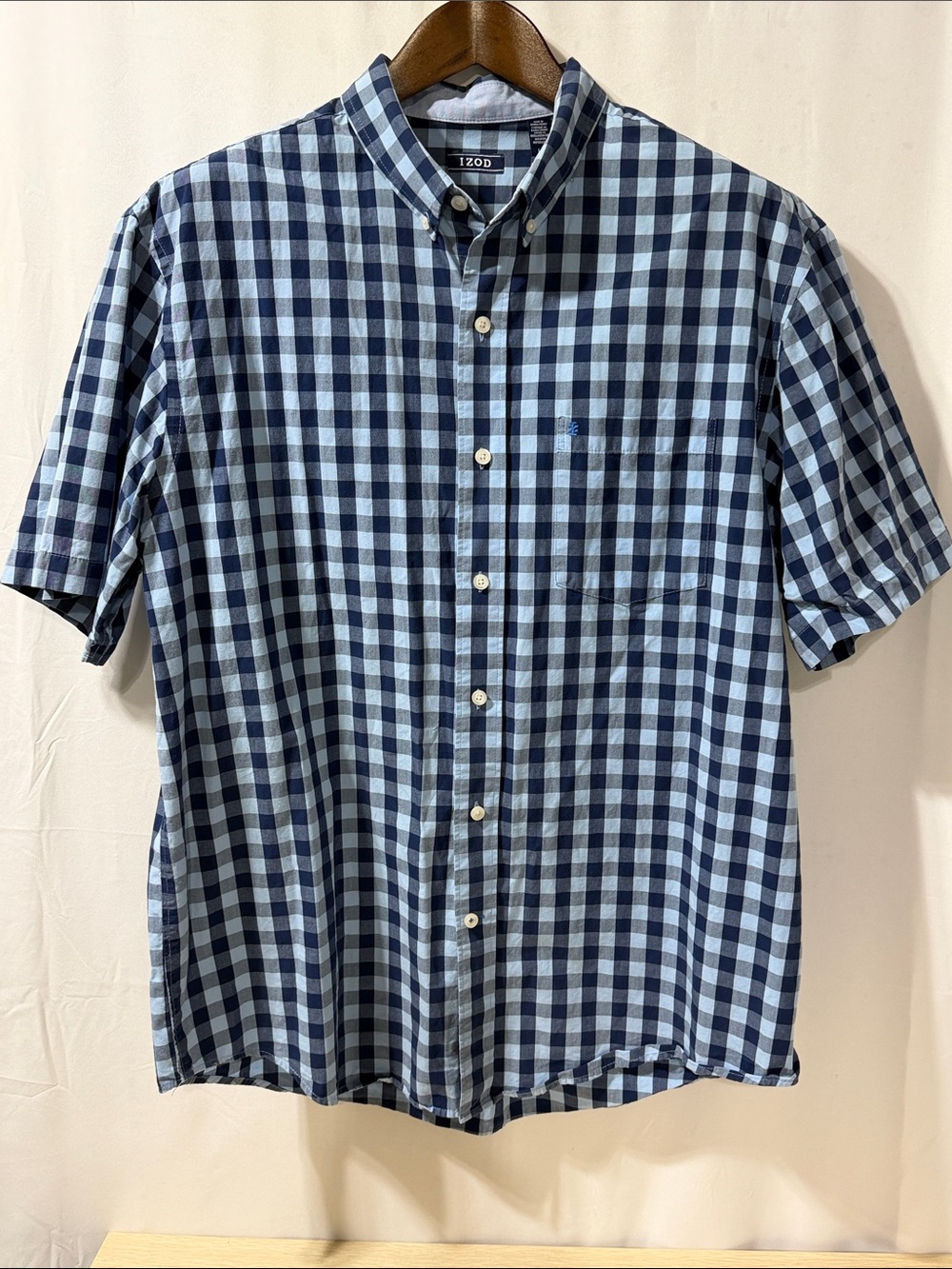 Izod Blue and Navy Gingham Short-Sleeve Button-Down Shirt